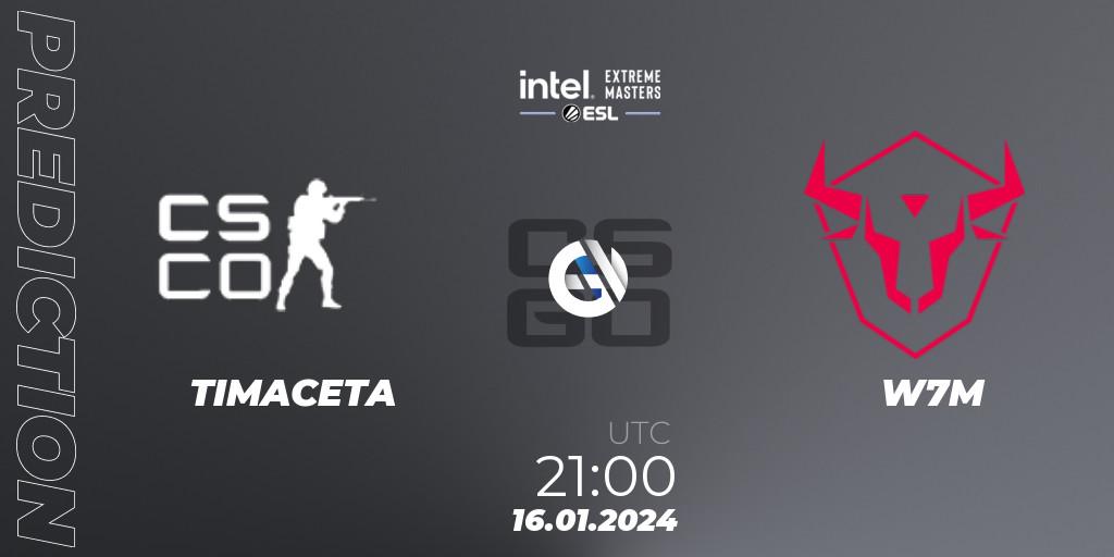 TIMACETA vs W7M: Betting TIp, Match Prediction. 16.01.2024 at 21:10. Counter-Strike (CS2), Intel Extreme Masters China 2024: South American Open Qualifier #2