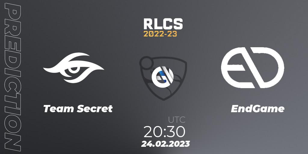 Team Secret vs EndGame: Betting TIp, Match Prediction. 24.02.2023 at 20:30. Rocket League, RLCS 2022-23 - Winter: South America Regional 3 - Winter Invitational