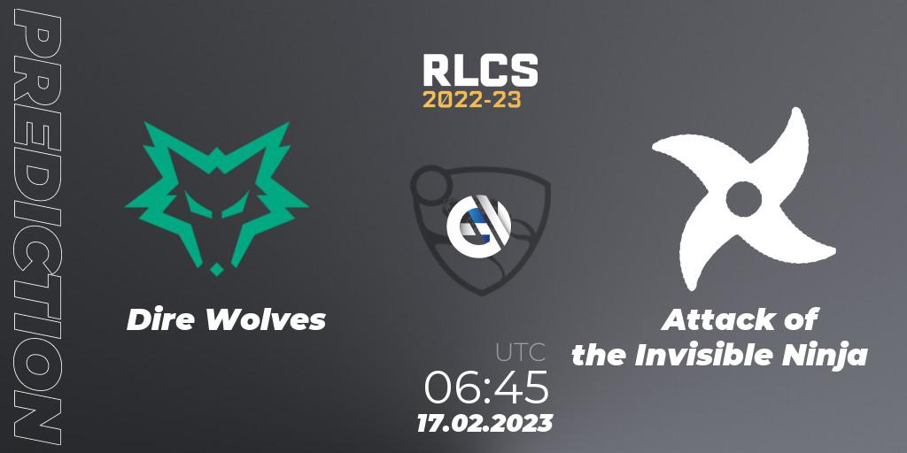 Dire Wolves vs Attack of the Invisible Ninja: Betting TIp, Match Prediction. 17.02.2023 at 06:45. Rocket League, RLCS 2022-23 - Winter: Oceania Regional 2 - Winter Cup