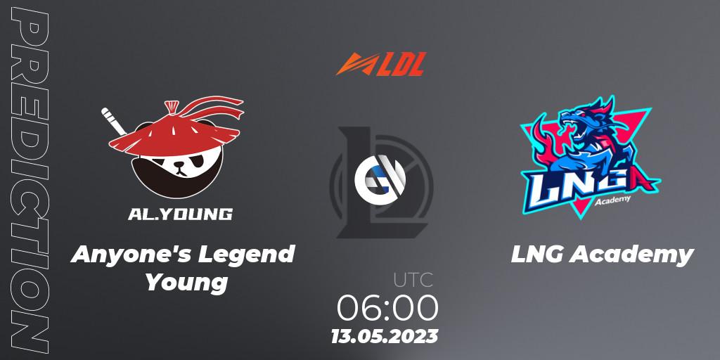 Anyone's Legend Young vs LNG Academy: Betting TIp, Match Prediction. 13.05.2023 at 06:00. LoL, LDL 2023 - Regular Season - Stage 2