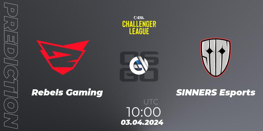 Rebels Gaming vs SINNERS Esports: Betting TIp, Match Prediction. 03.04.2024 at 10:00. Counter-Strike (CS2), ESL Challenger League Season 47: Europe