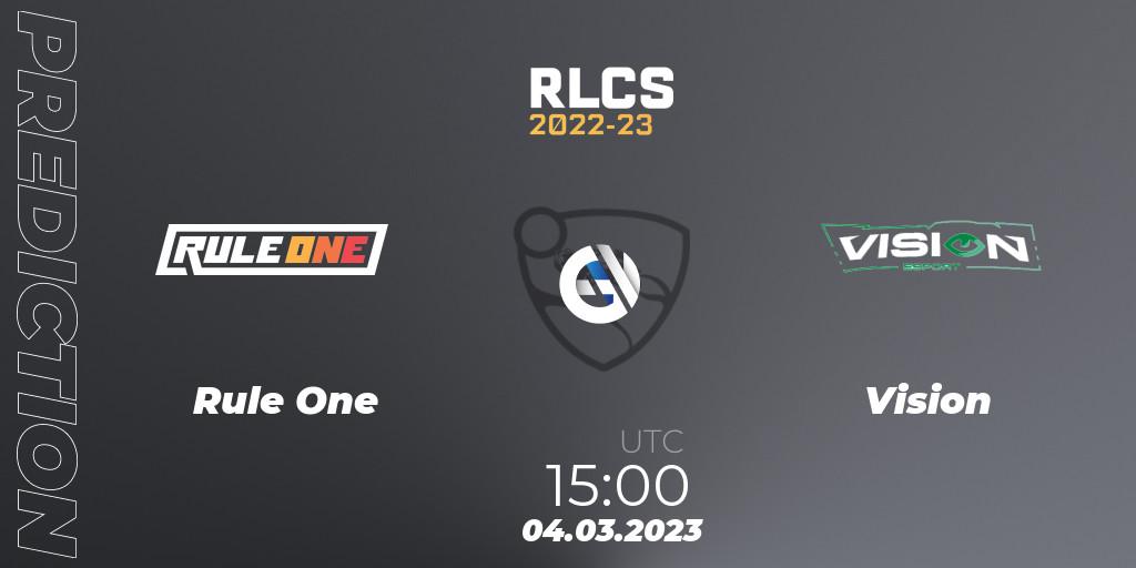 Rule One vs Vision: Betting TIp, Match Prediction. 04.03.2023 at 15:00. Rocket League, RLCS 2022-23 - Winter: Middle East and North Africa Regional 3 - Winter Invitational