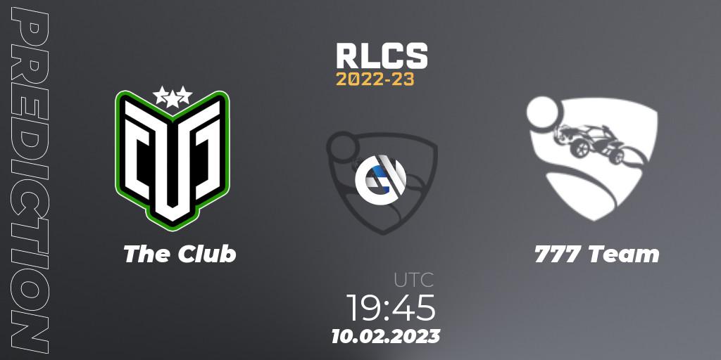 The Club vs 777 Team: Betting TIp, Match Prediction. 10.02.2023 at 19:45. Rocket League, RLCS 2022-23 - Winter: South America Regional 2 - Winter Cup
