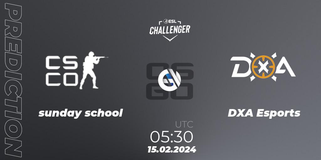 sunday school vs DXA Esports: Betting TIp, Match Prediction. 15.02.2024 at 05:30. Counter-Strike (CS2), ESL Challenger #56: Oceanic Closed Qualifier