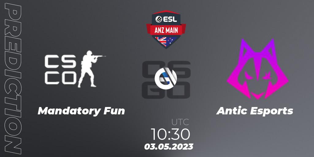 Mandatory Fun vs Antic Esports: Betting TIp, Match Prediction. 03.05.2023 at 10:30. Counter-Strike (CS2), ESL ANZ Main Season 16