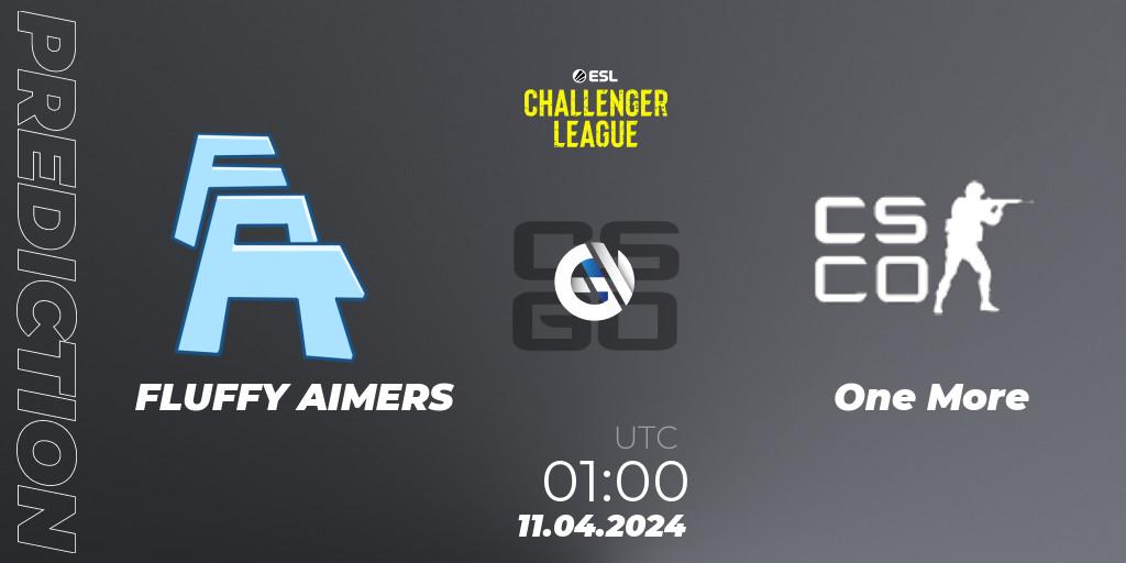 FLUFFY AIMERS vs One More: Betting TIp, Match Prediction. 11.04.2024 at 01:00. Counter-Strike (CS2), ESL Challenger League Season 47: North America