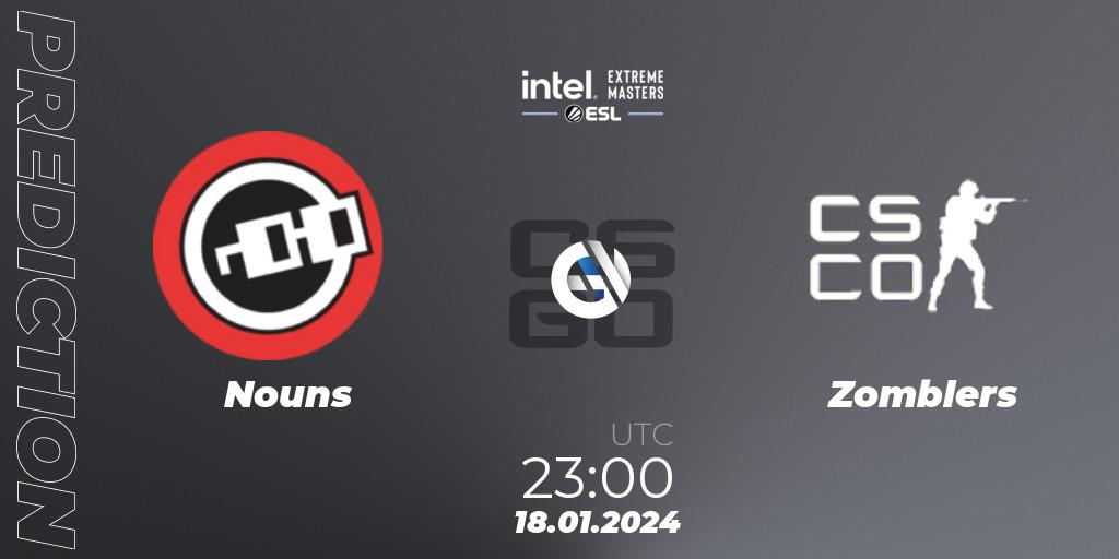 Nouns vs Zomblers: Betting TIp, Match Prediction. 18.01.2024 at 23:00. Counter-Strike (CS2), Intel Extreme Masters China 2024: North American Open Qualifier #2