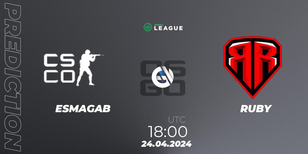 ESMAGAB vs RUBY: Betting TIp, Match Prediction. 24.04.2024 at 18:00. Counter-Strike (CS2), ESEA Season 49: Advanced Division - Europe