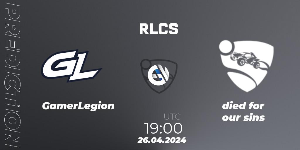 GamerLegion vs died for our sins: Betting TIp, Match Prediction. 26.04.2024 at 19:00. Rocket League, RLCS 2024 - Major 2: SAM Open Qualifier 4