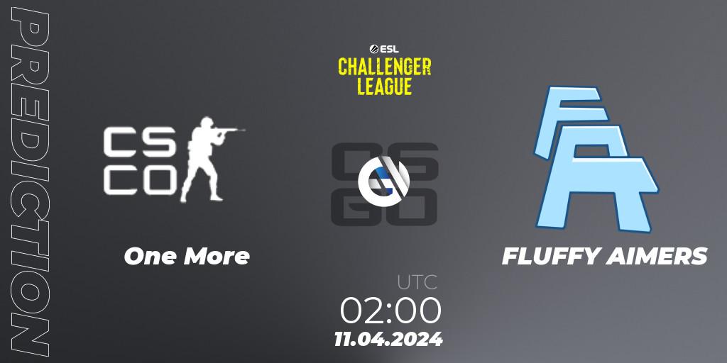 One More vs FLUFFY AIMERS: Betting TIp, Match Prediction. 11.04.2024 at 02:00. Counter-Strike (CS2), ESL Challenger League Season 47: North America