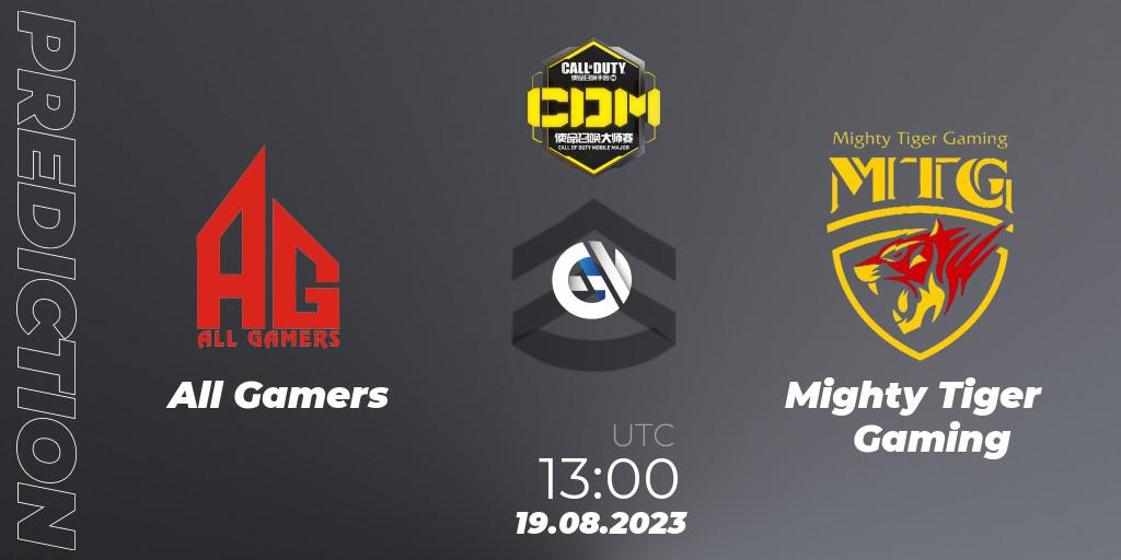 All Gamers vs Mighty Tiger Gaming: Betting TIp, Match Prediction. 19.08.2023 at 13:00. Call of Duty, China Masters 2023 S6 - Stage 2