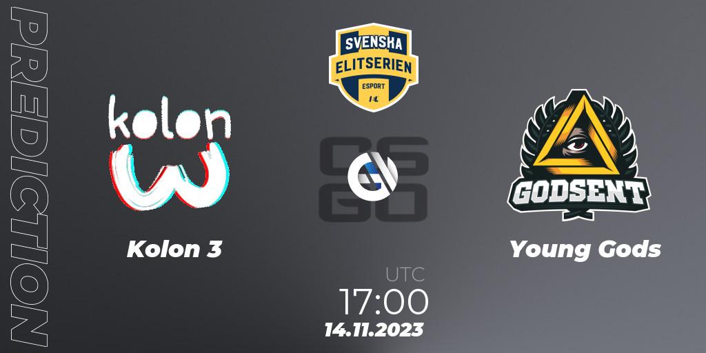 Kolon 3 vs Young Gods: Betting TIp, Match Prediction. 14.11.2023 at 17:00. Counter-Strike (CS2), Svenska Elitserien Fall 2023: Online Stage