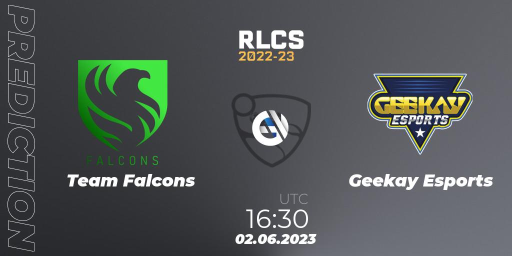 Team Falcons vs Geekay Esports: Betting TIp, Match Prediction. 02.06.2023 at 16:20. Rocket League, RLCS 2022-23 - Spring: Middle East and North Africa Regional 3 - Spring Invitational