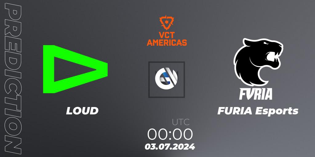 LOUD vs FURIA Esports: Betting TIp, Match Prediction. 03.07.2024 at 00:00. VALORANT, VALORANT Champions Tour 2024: Americas League - Stage 2 - Group Stage