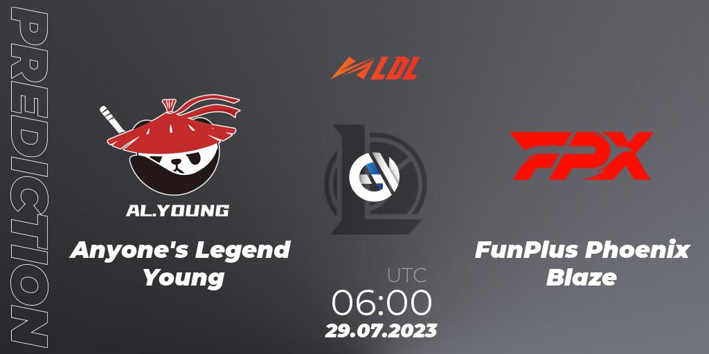 Anyone's Legend Young vs FunPlus Phoenix Blaze: Betting TIp, Match Prediction. 29.07.2023 at 06:00. LoL, LDL 2023 - Playoffs