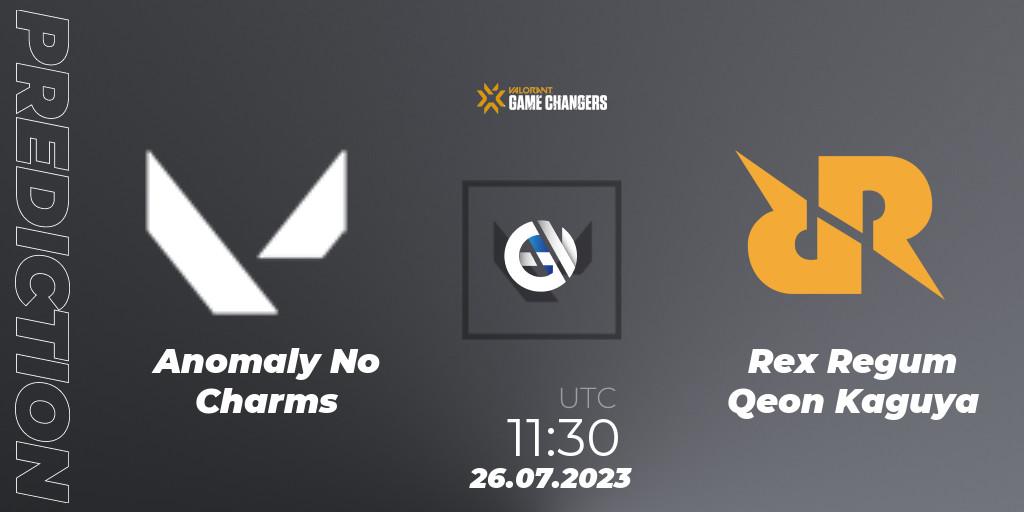 Anomaly No Charms vs Rex Regum Qeon Kaguya: Betting TIp, Match Prediction. 26.07.2023 at 11:30. VALORANT, VCT 2023: Game Changers APAC Open 3