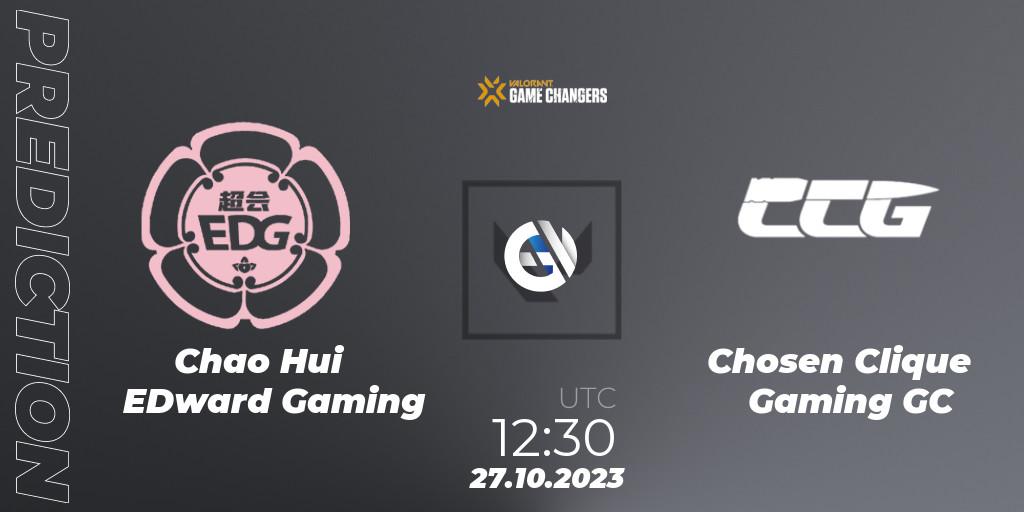 Chao Hui EDward Gaming vs Chosen Clique Gaming GC: Betting TIp, Match Prediction. 27.10.2023 at 12:30. VALORANT, VCT 2023: Game Changers East Asia