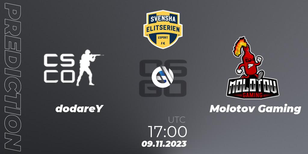 dodareY vs Molotov Gaming: Betting TIp, Match Prediction. 09.11.2023 at 17:00. Counter-Strike (CS2), Svenska Elitserien Fall 2023: Online Stage