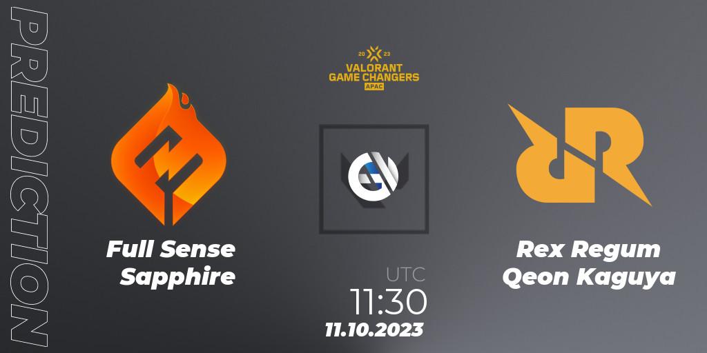 Full Sense Sapphire vs Rex Regum Qeon Kaguya: Betting TIp, Match Prediction. 11.10.2023 at 11:30. VALORANT, VCT 2023: Game Changers APAC Elite