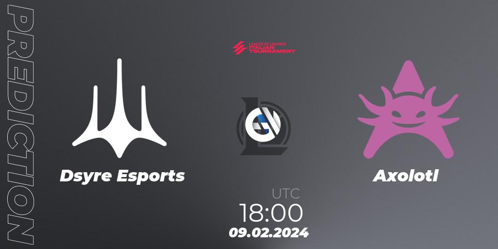 Dsyre Esports vs Axolotl: Betting TIp, Match Prediction. 09.02.2024 at 18:00. LoL, LoL Italian Tournament Spring 2024