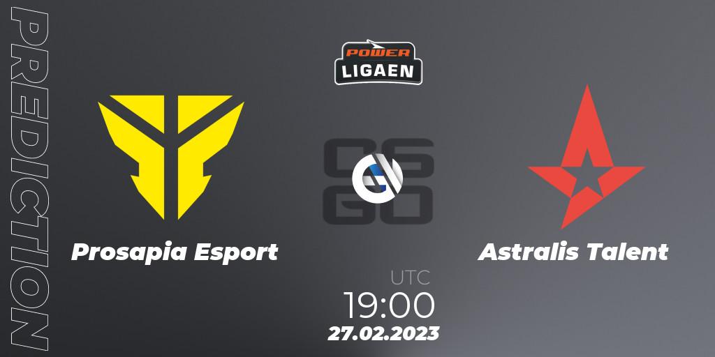 Prosapia Esport vs Astralis Talent: Betting TIp, Match Prediction. 27.02.2023 at 19:00. Counter-Strike (CS2), Dust2.dk Ligaen Season 22