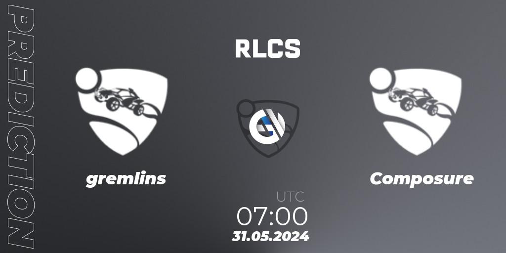 gremlins vs Composure: Betting TIp, Match Prediction. 31.05.2024 at 07:00. Rocket League, RLCS 2024 - Major 2: OCE Open Qualifier 6