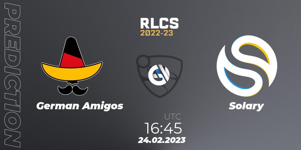German Amigos vs Solary: Betting TIp, Match Prediction. 24.02.2023 at 16:45. Rocket League, RLCS 2022-23 - Winter: Europe Regional 3 - Winter Invitational