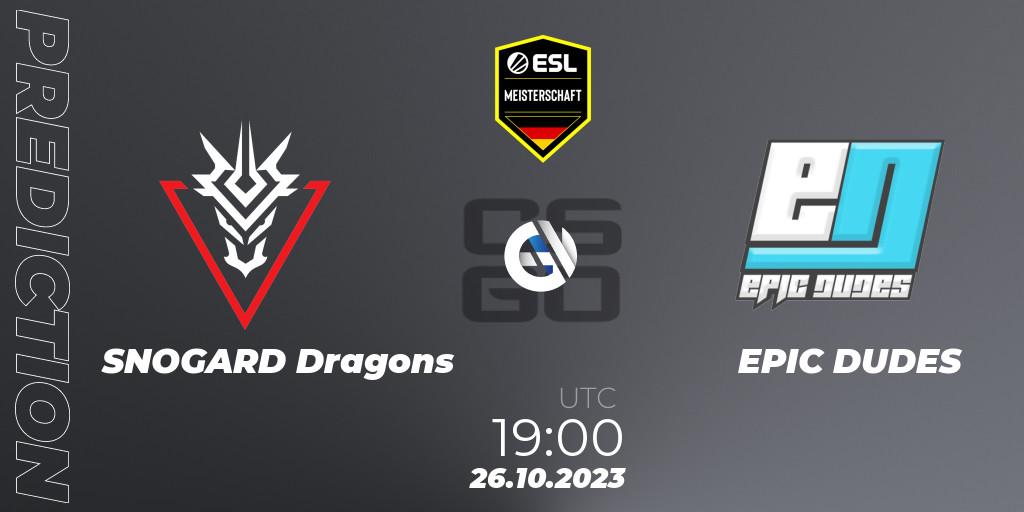 SNOGARD Dragons vs EPIC DUDES: Betting TIp, Match Prediction. 26.10.2023 at 19:00. Counter-Strike (CS2), ESL Meisterschaft: Autumn 2023