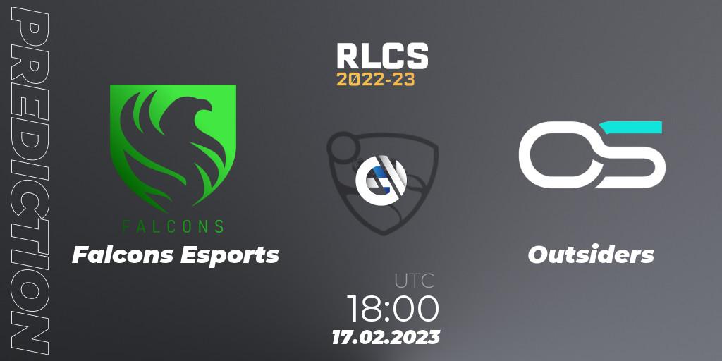 Falcons Esports vs Outsiders: Betting TIp, Match Prediction. 17.02.2023 at 18:15. Rocket League, RLCS 2022-23 - Winter: Middle East and North Africa Regional 2 - Winter Cup