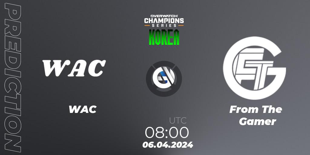 WAC vs From The Gamer: Betting TIp, Match Prediction. 06.04.2024 at 08:00. Overwatch, Overwatch Champions Series 2024 - Stage 1 Korea