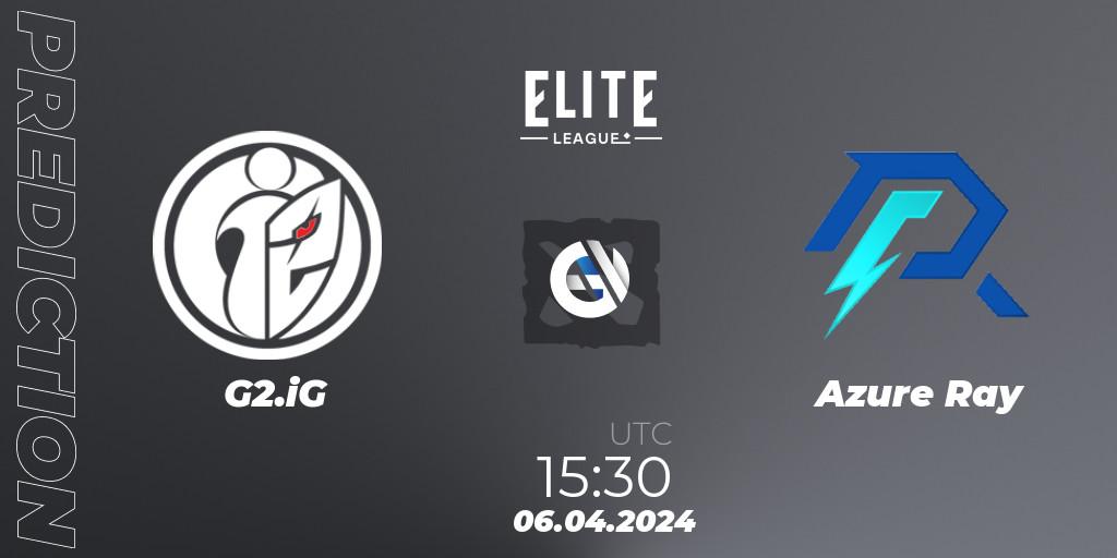 G2.iG vs Azure Ray: Betting TIp, Match Prediction. 06.04.2024 at 16:38. Dota 2, Elite League: Round-Robin Stage
