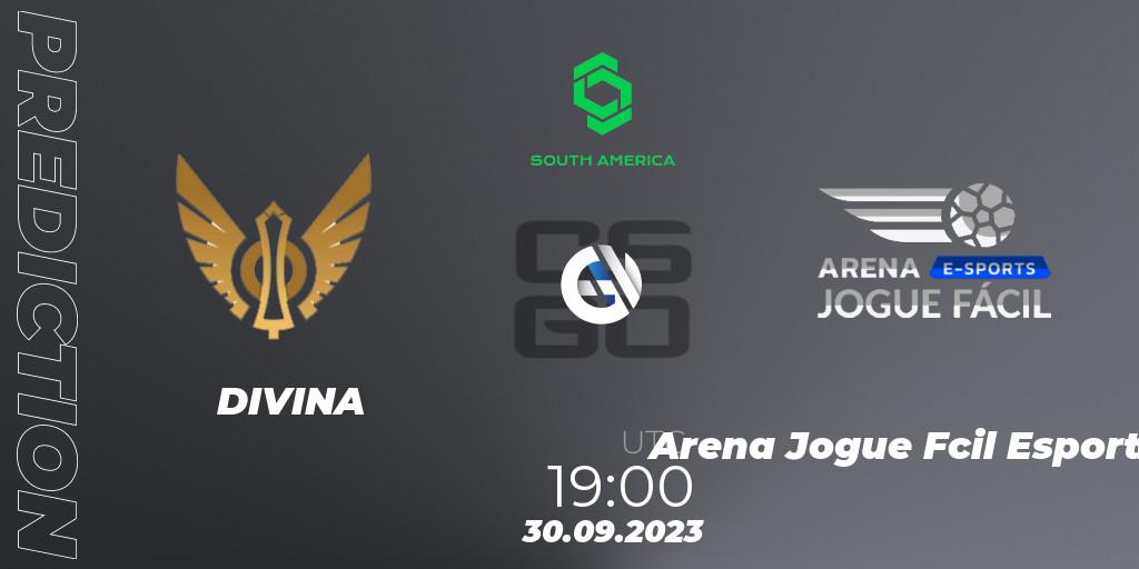 DIVINA vs Arena Jogue Fácil Esports: Betting TIp, Match Prediction. 30.09.2023 at 19:00. Counter-Strike (CS2), CCT South America Series #12: Closed Qualifier