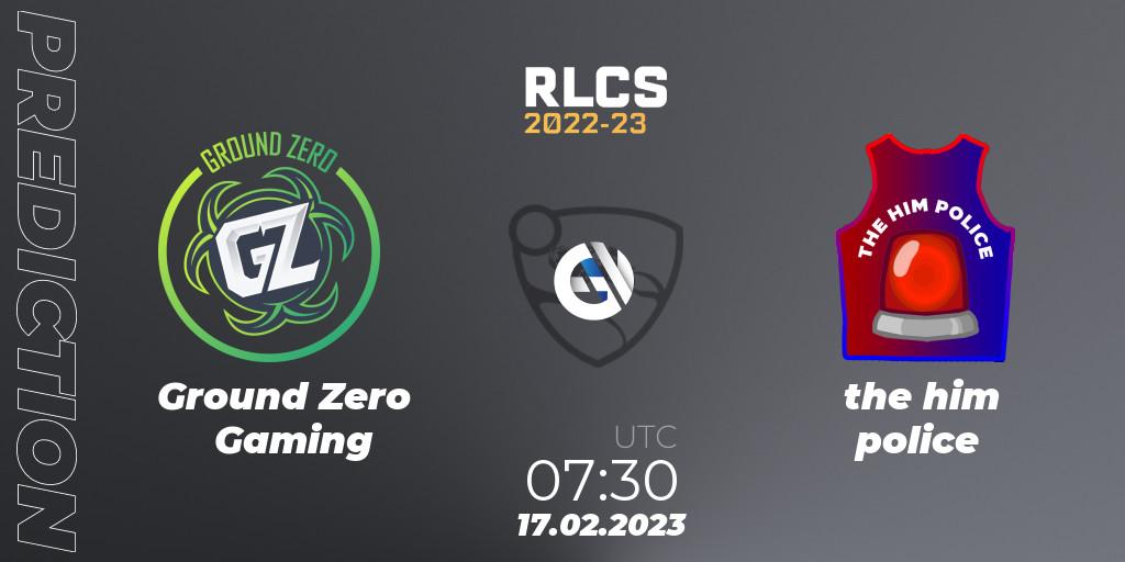 Ground Zero Gaming vs the him police: Betting TIp, Match Prediction. 17.02.2023 at 07:30. Rocket League, RLCS 2022-23 - Winter: Oceania Regional 2 - Winter Cup