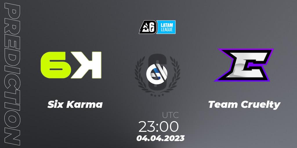 Six Karma vs Team Cruelty: Betting TIp, Match Prediction. 04.04.2023 at 23:00. Rainbow Six, LATAM League 2023 - Stage 1