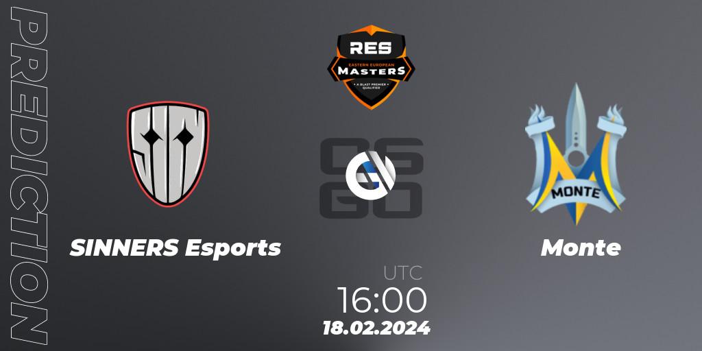 SINNERS Esports vs Monte: Betting TIp, Match Prediction. 18.02.2024 at 16:00. Counter-Strike (CS2), RES Eastern European Masters: Spring 2024