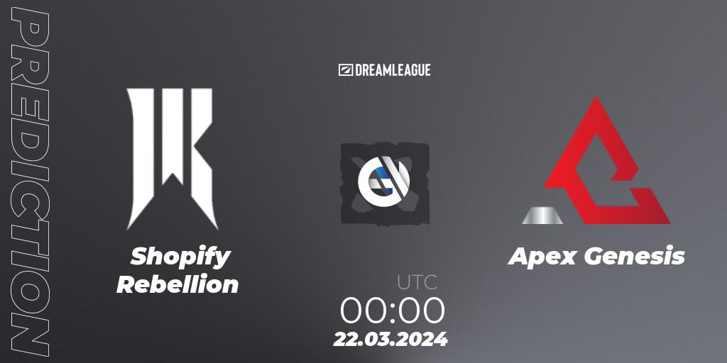 Shopify Rebellion vs Apex Genesis: Betting TIp, Match Prediction. 22.03.2024 at 00:00. Dota 2, DreamLeague Season 23: North America Closed Qualifier