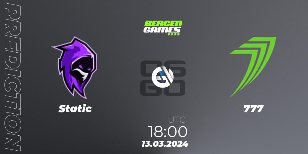 Static vs 777: Betting TIp, Match Prediction. 13.03.2024 at 18:00. Counter-Strike (CS2), Bergen Games 2024: Online Stage