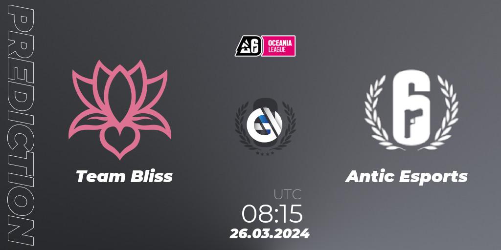 Team Bliss vs Antic Esports: Betting TIp, Match Prediction. 26.03.2024 at 08:15. Rainbow Six, Oceania League 2024 - Stage 1