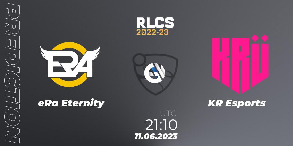 eRa Eternity vs KRÜ Esports: Betting TIp, Match Prediction. 11.06.2023 at 21:10. Rocket League, RLCS 2022-23 - Spring: South America Regional 3 - Spring Invitational