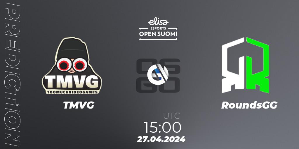 TMVG vs RoundsGG: Betting TIp, Match Prediction. 27.04.2024 at 15:00. Counter-Strike (CS2), Elisa Open Suomi Season 6
