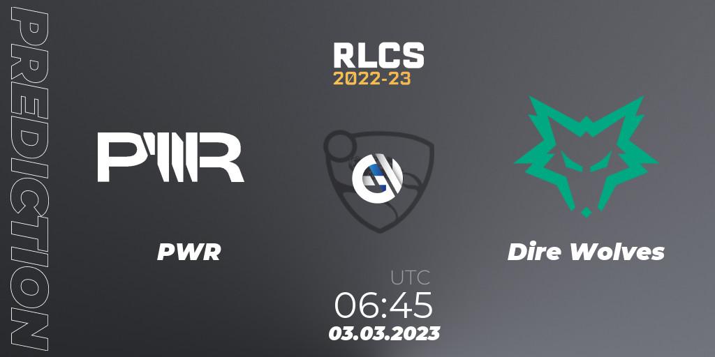 PWR vs Dire Wolves: Betting TIp, Match Prediction. 03.03.2023 at 06:45. Rocket League, RLCS 2022-23 - Winter: Oceania Regional 3 - Winter Invitational