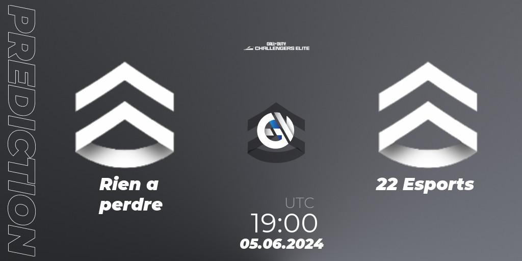 Rien a perdre vs 22 Esports: Betting TIp, Match Prediction. 05.06.2024 at 19:00. Call of Duty, Call of Duty Challengers 2024 - Elite 3: EU