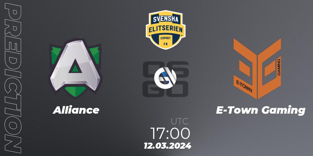 Alliance vs E-Town Gaming: Betting TIp, Match Prediction. 14.03.2024 at 19:10. Counter-Strike (CS2), Svenska Elitserien Spring 2024