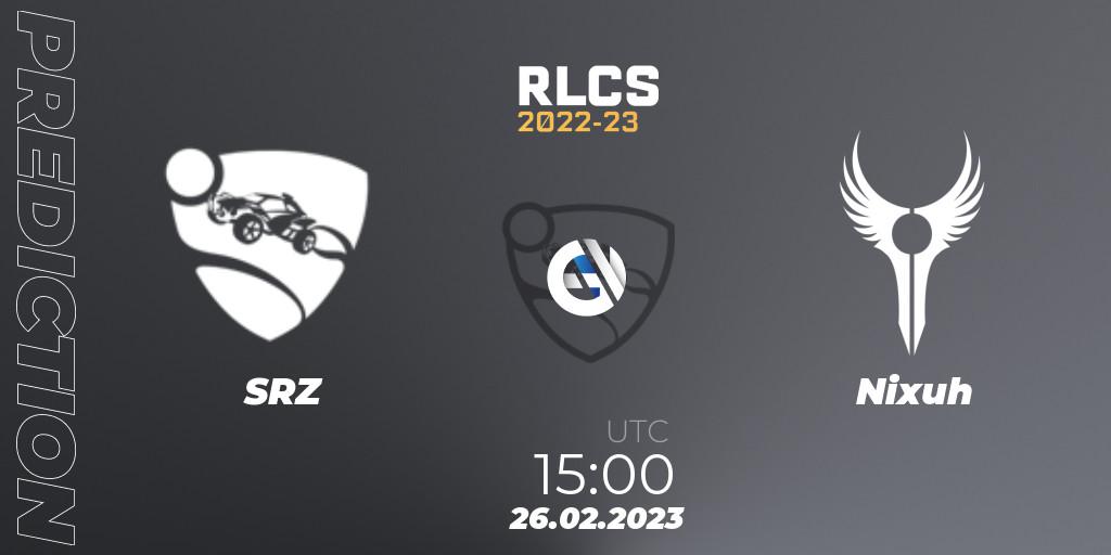 SRZ vs Nixuh: Betting TIp, Match Prediction. 26.02.2023 at 15:00. Rocket League, RLCS 2022-23 - Winter: Sub-Saharan Africa Regional 3 - Winter Invitational