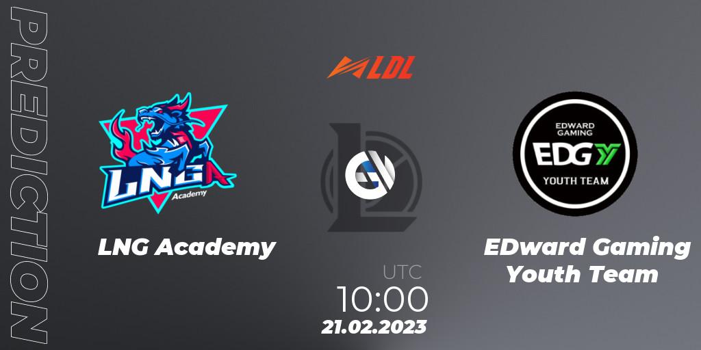 LNG Academy vs EDward Gaming Youth Team: Betting TIp, Match Prediction. 21.02.2023 at 12:15. LoL, LDL 2023 - Regular Season
