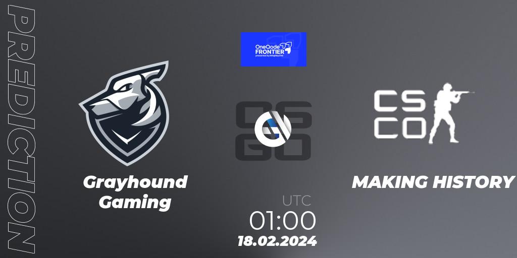 Grayhound Gaming vs MAKING HISTORY: Betting TIp, Match Prediction. 18.02.2024 at 01:00. Counter-Strike (CS2), OneQode Frontier