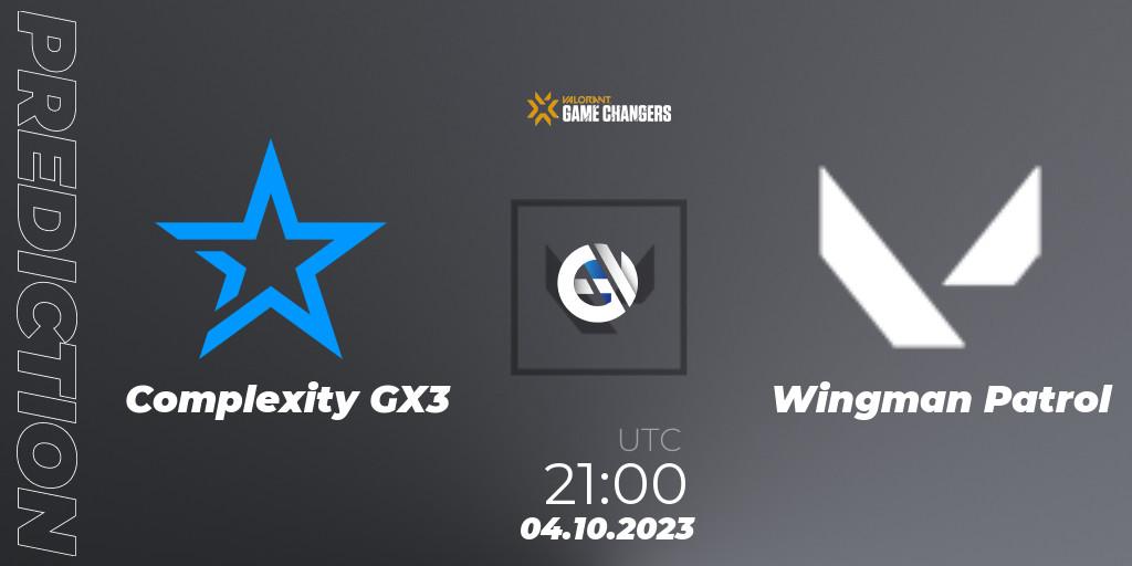 Complexity GX3 vs Wingman Patrol: Betting TIp, Match Prediction. 04.10.2023 at 21:00. VALORANT, VCT 2023: Game Changers North America Series S3