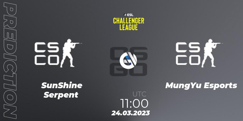 SunShine Serpent vs MungYu Esports: Betting TIp, Match Prediction. 24.03.2023 at 11:00. Counter-Strike (CS2), ESL Challenger League Season 44 Relegation: Asia-Pacific