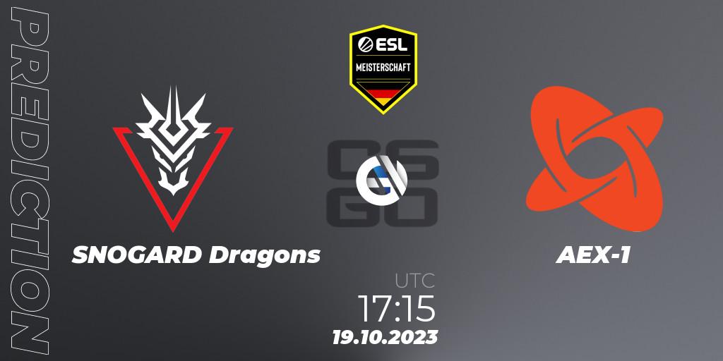 SNOGARD Dragons vs AEX-1: Betting TIp, Match Prediction. 19.10.2023 at 17:15. Counter-Strike (CS2), ESL Meisterschaft: Autumn 2023