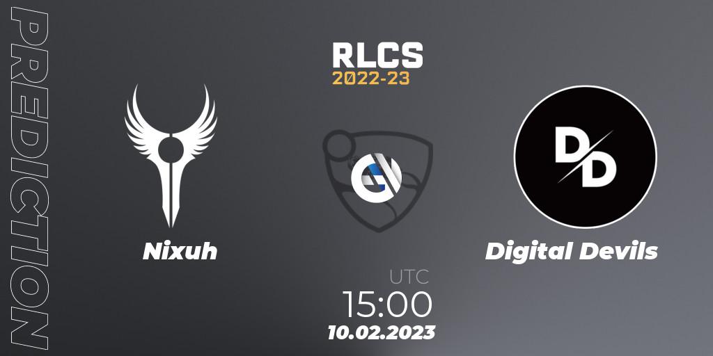 Nixuh vs Digital Devils: Betting TIp, Match Prediction. 10.02.2023 at 15:00. Rocket League, RLCS 2022-23 - Winter: Sub-Saharan Africa Regional 2 - Winter Cup